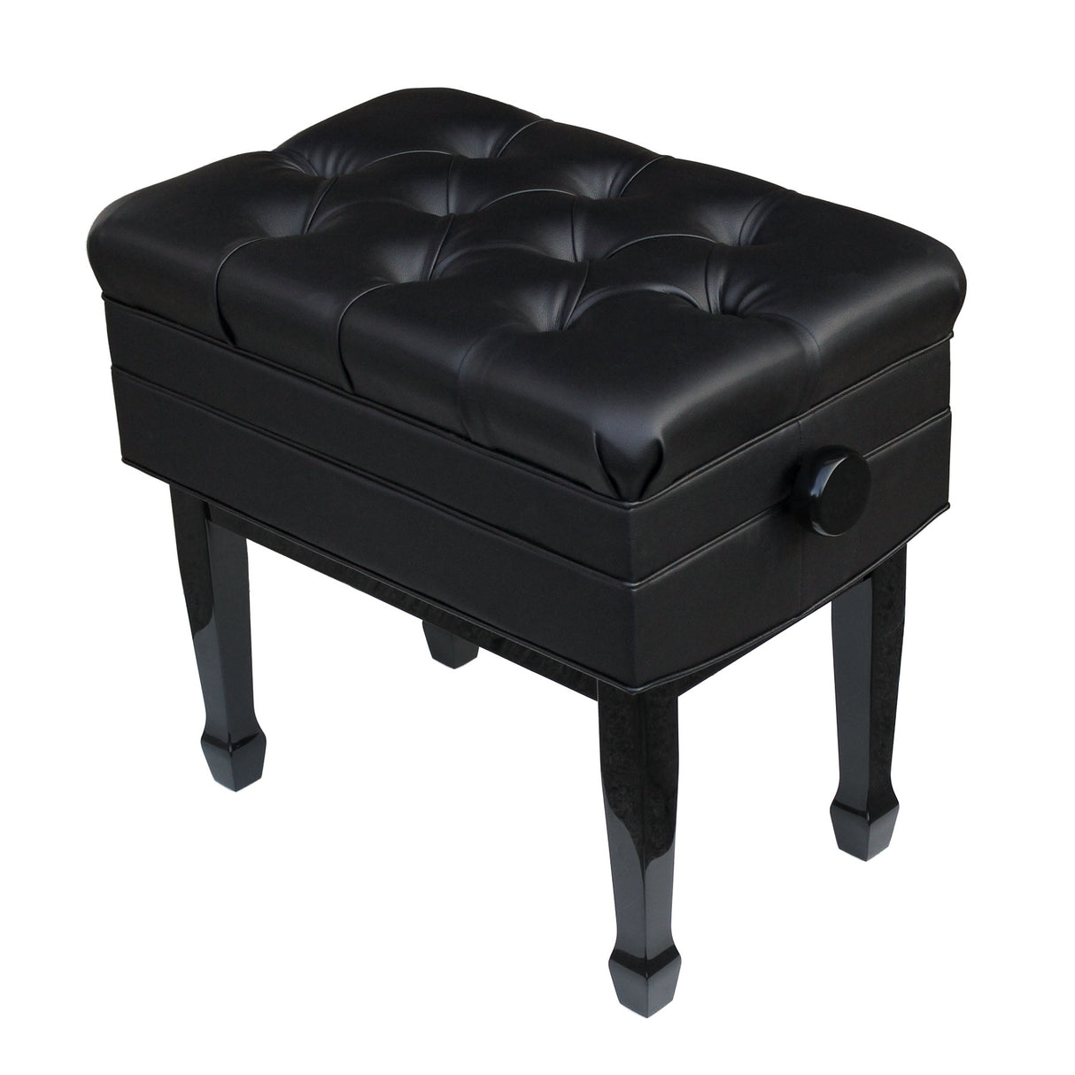 polished black piano bench adjustable height with sheet music storage on white background
