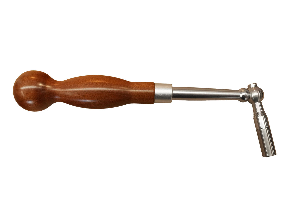 Ergonomic Ball Handle Rosewood Piano Tuning Lever full view on white background showing tapered waist between ball end and satin steel ferrule