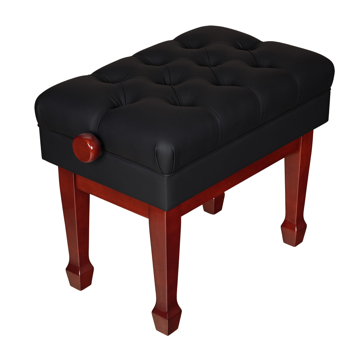 Elegant adjustable piano bench for grand piano, high polish mahogany wood with black cushioned top