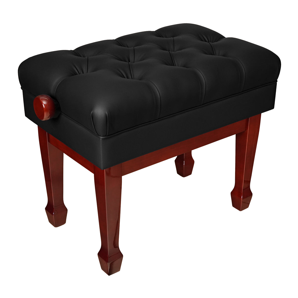 Luxury adjustable artist piano bench with spade legs, mahogany finish, and padded black vinyl seat