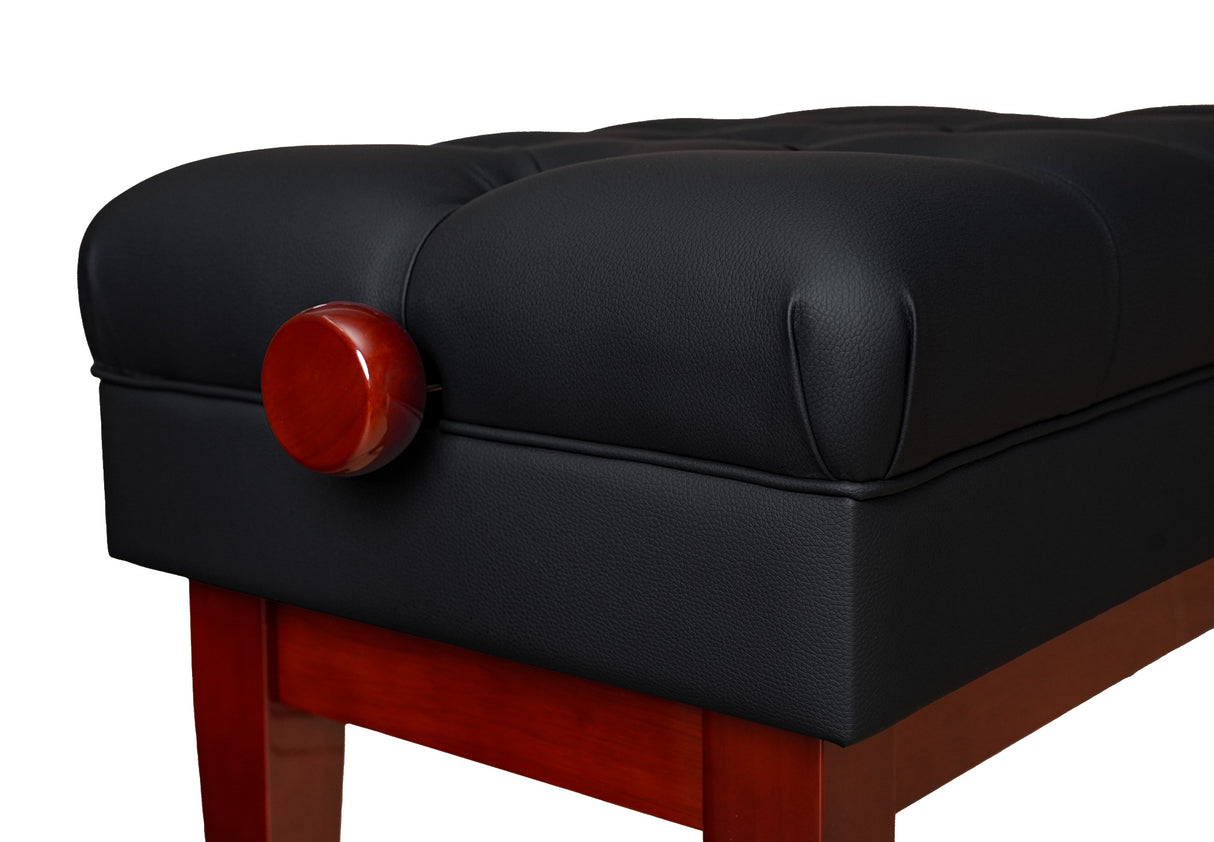 Close-up of adjustable piano bench vinyl upholstered top – Performer Series in mahogany