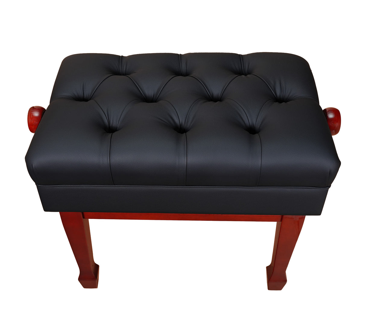 Side view of Performer Series artist piano bench – mahogany finish with black vinyl upholstery
