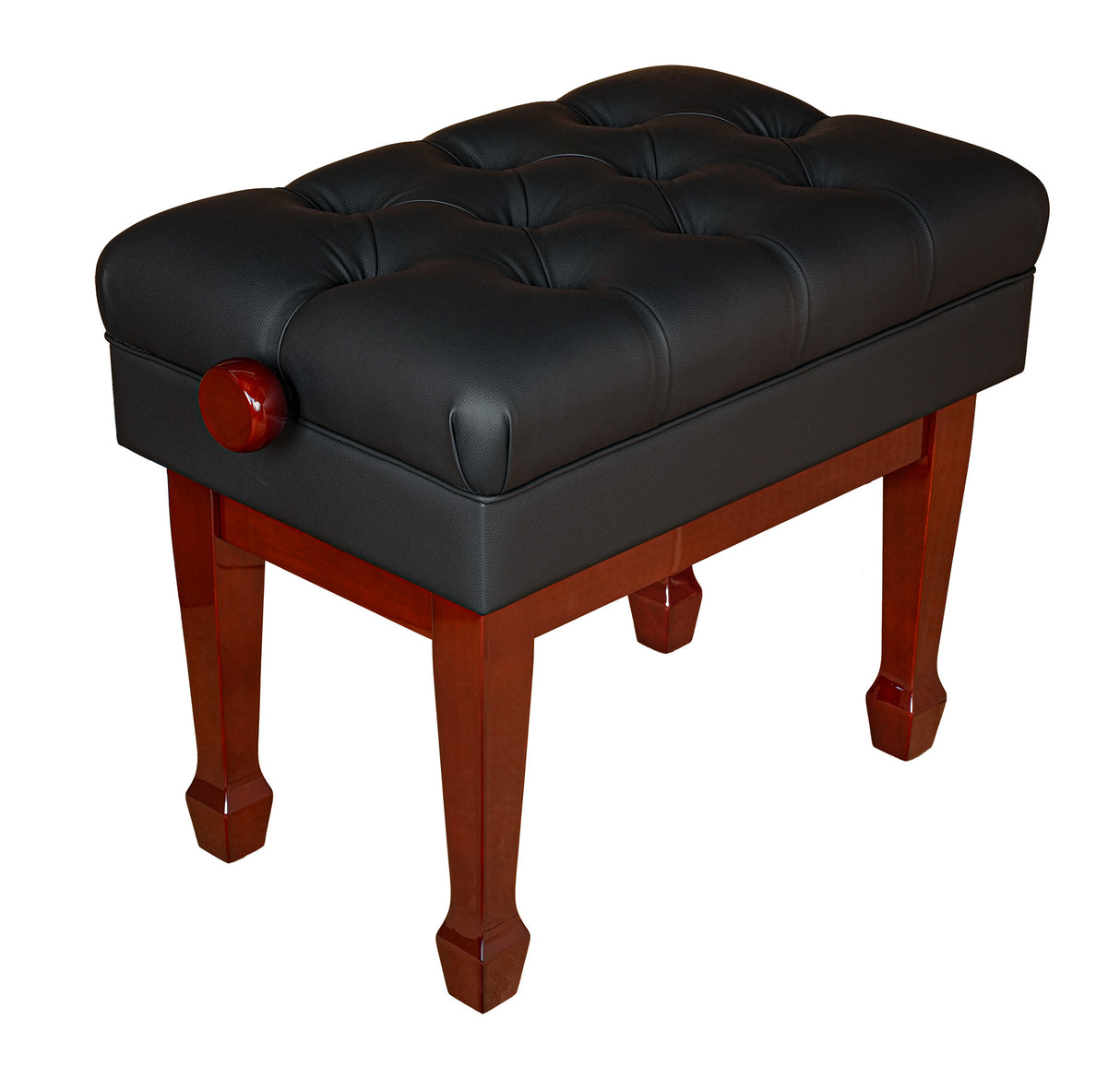 Performer series high gloss mahogany piano bench with a black leatherette top.