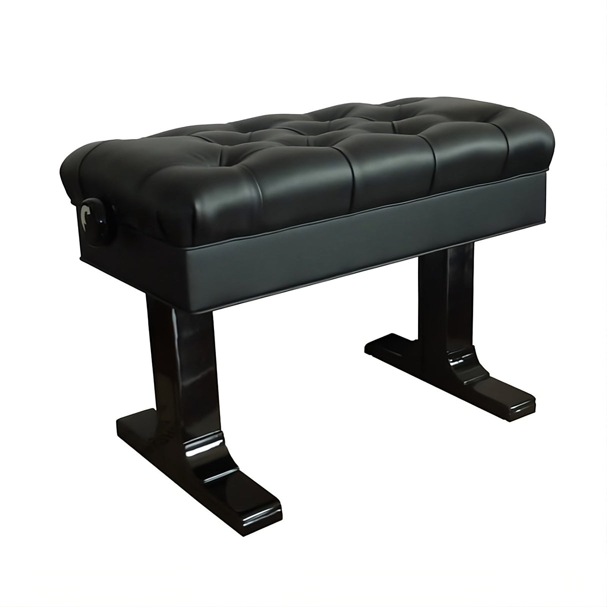 Black pneumatic adjustable piano bench with deep diamond-tufted bonded leather seat and polished ebony base.