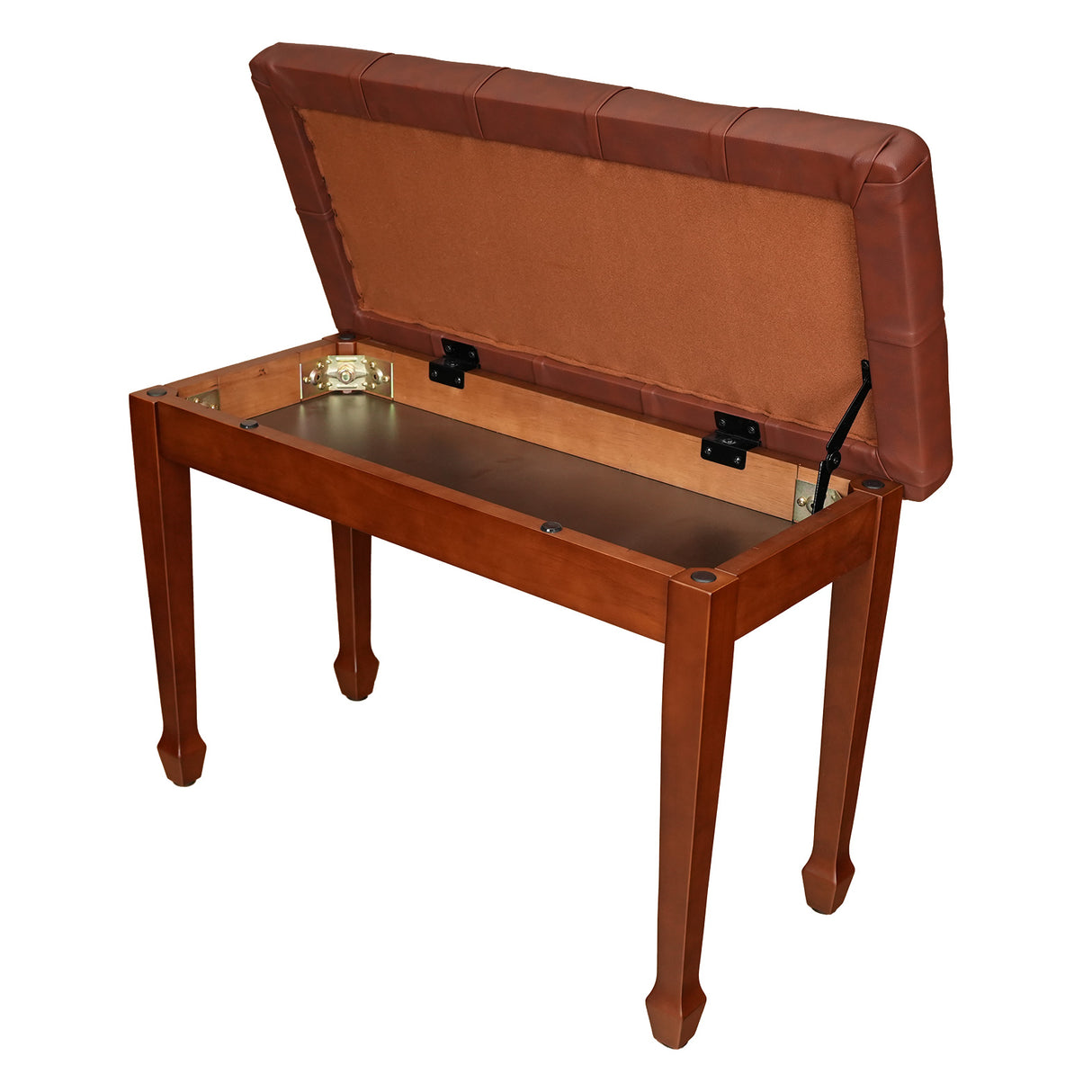 satin walnut piano bench with sheet music storage compartment and brown vinyl top