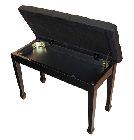 Top view of piano bench with open storage compartment and black felt lining