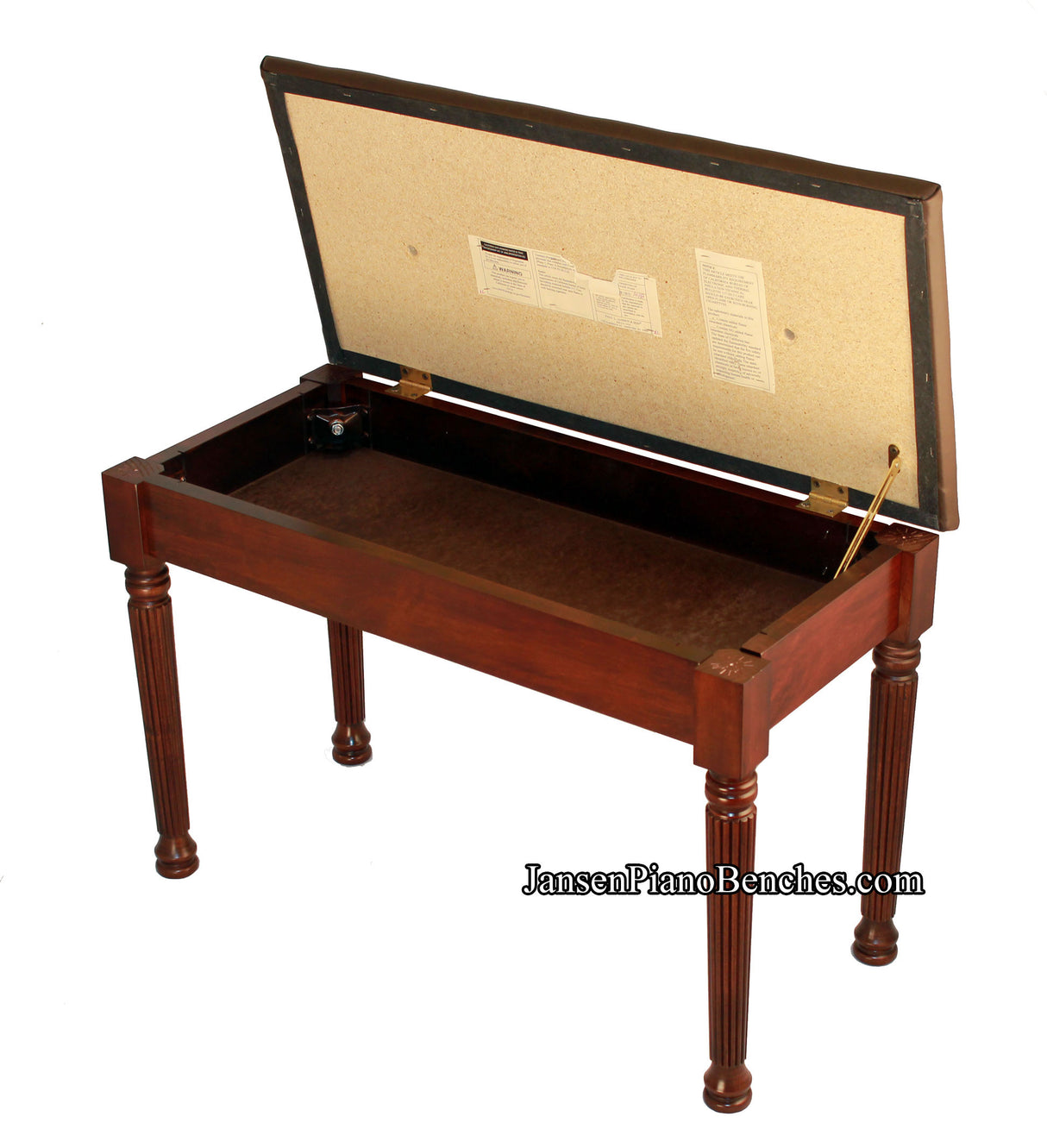 Jansen Upholstered Top Upright Piano Bench - Mahogany Finish Round Reeded Legs - Open Box