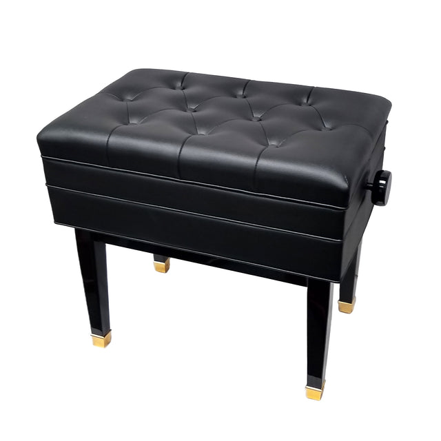 Adjustable piano bench with music storage and brass ferrule legs in high polish black