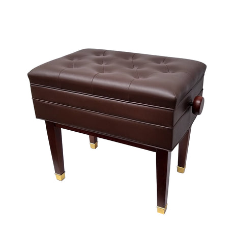 Adjustable piano bench with music storage and brass ferrule legs in satin mahogany