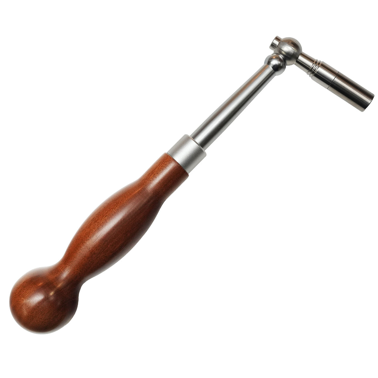 Ball Handle Rosewood Piano Tuning Lever — 6-inch rosewood handle with 1.75-inch turned ball end, brushed satin steel shaft, fixed #2 star tip, 11-inch overall length