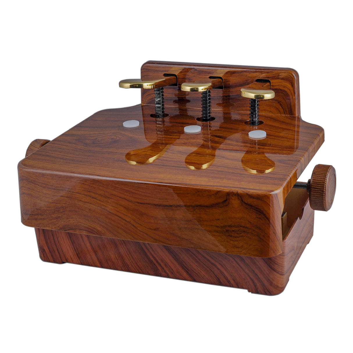 Children's piano pedal extender with 3 pedals in a brown walnut finish