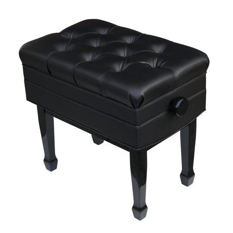 polished black piano bench adjustable height with sheet music storage on white background