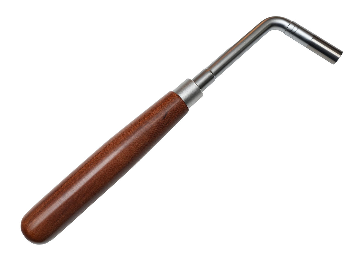 Gooseneck Rosewood Piano Tuning Lever — 5-inch rosewood handle, brushed satin steel curved shaft, fixed #2 star tip, 12-inch overall length
