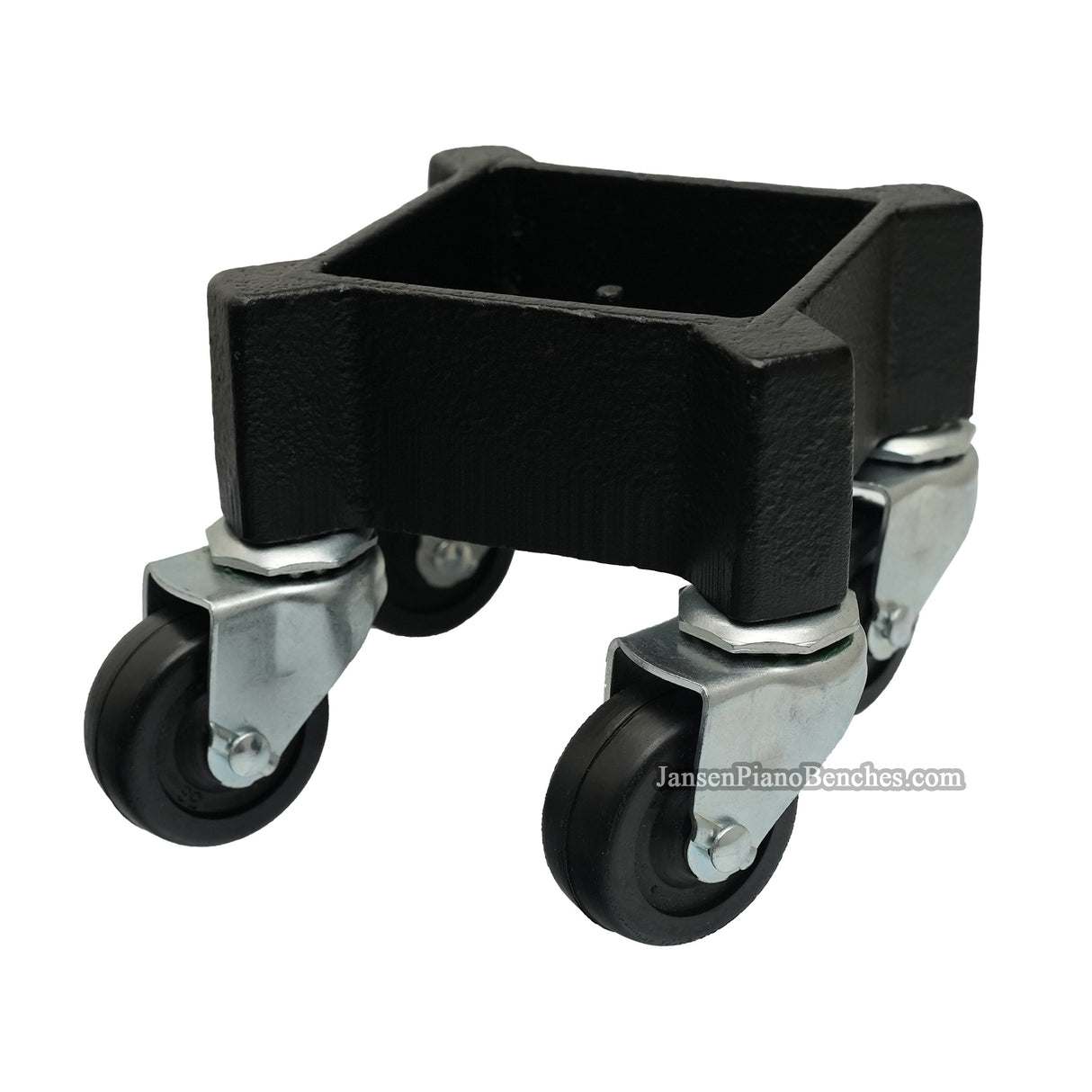 Side profile of Jansen square grand piano leg dolly showing cup depth and caster height