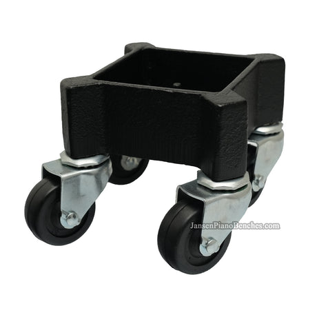 Side profile of Jansen square grand piano leg dolly showing cup depth and caster height