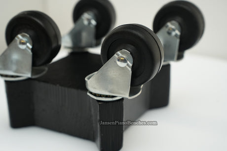 Close-up of Jansen leg dolly wheel showing ball-bearing swivel caster and non-marking rubber wheel