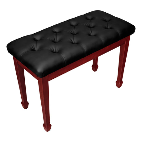 high polish mahogany upright piano bench with black vinyl diamond tufted padded top