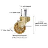 Brass Steinway-style piano caster with labeled dimensions for installation – 2 inch wheel diameter, 1/2 inch stem