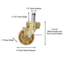 Load image into Gallery viewer, Brass Steinway-style piano caster with labeled dimensions for installation – 2 inch wheel diameter, 1/2 inch stem