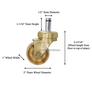 Brass Steinway-style piano caster with labeled dimensions for installation – 2 inch wheel diameter, 1/2 inch stem