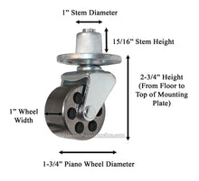 Load image into Gallery viewer, metal piano wheels measurements