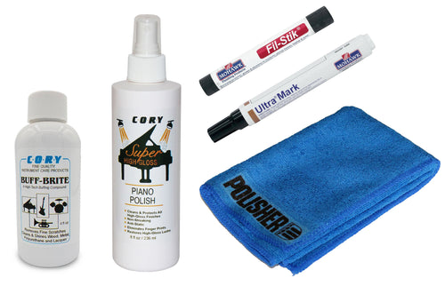 Repair kit for scratched piano surfaces, including polish and cleaning tools