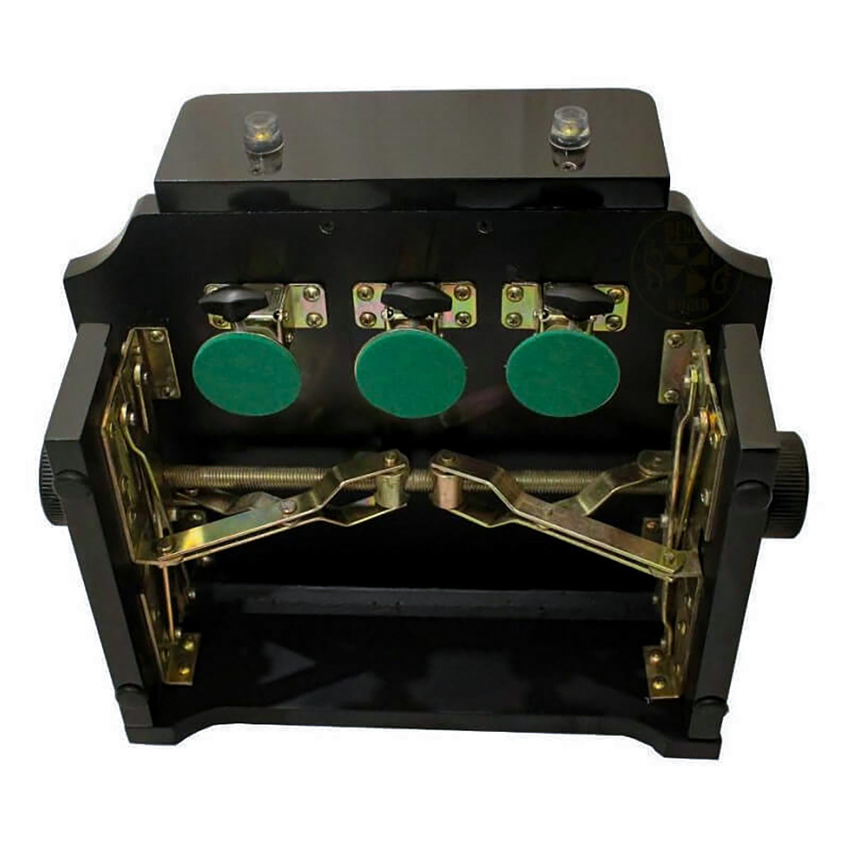 close-up of adjustable mechanism on piano pedal platform. 