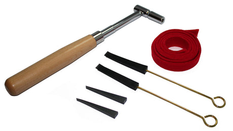 Complete piano tuning tools set with star-shaped tuning hammer, mutes, and felt strip