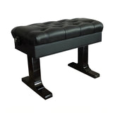 Black pneumatic adjustable piano bench with deep diamond-tufted bonded leather seat and polished ebony base.