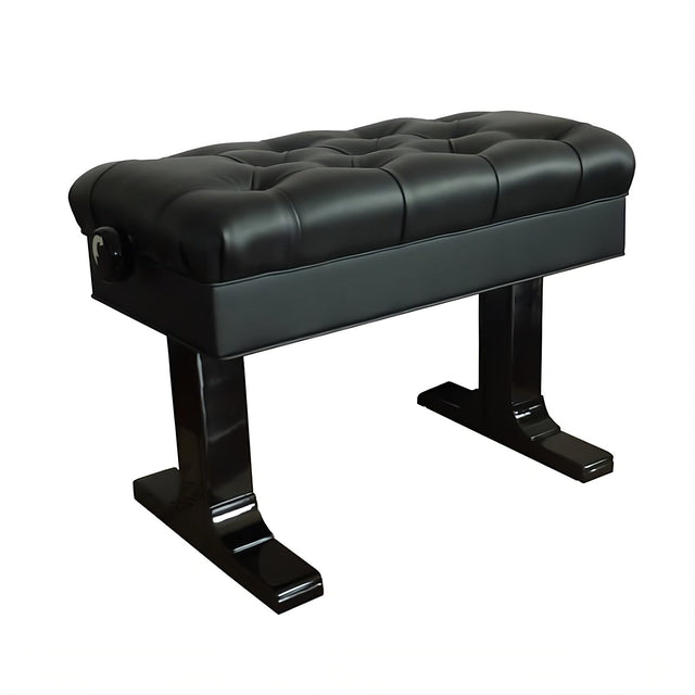 Black pneumatic adjustable piano bench with deep diamond-tufted bonded leather seat and polished ebony base.