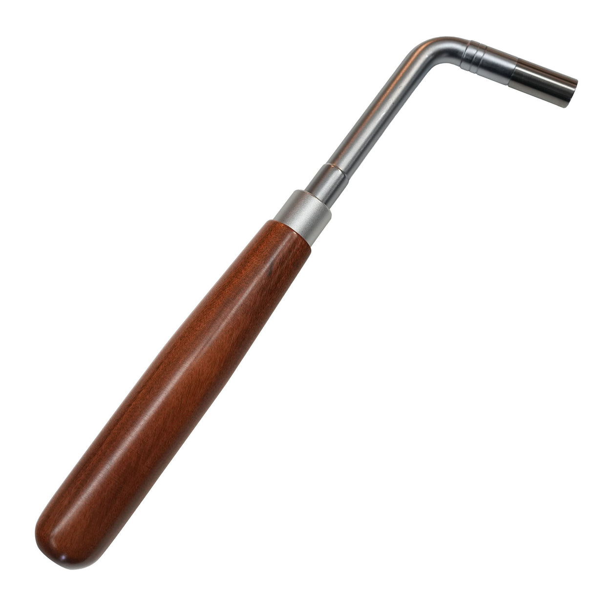 Gooseneck Rosewood Piano Tuning Lever with curved brushed steel shaft and genuine rosewood handle, shown at angle on white background