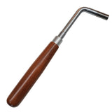 Gooseneck Rosewood Piano Tuning Lever with curved brushed steel shaft and genuine rosewood handle, shown at angle on white background