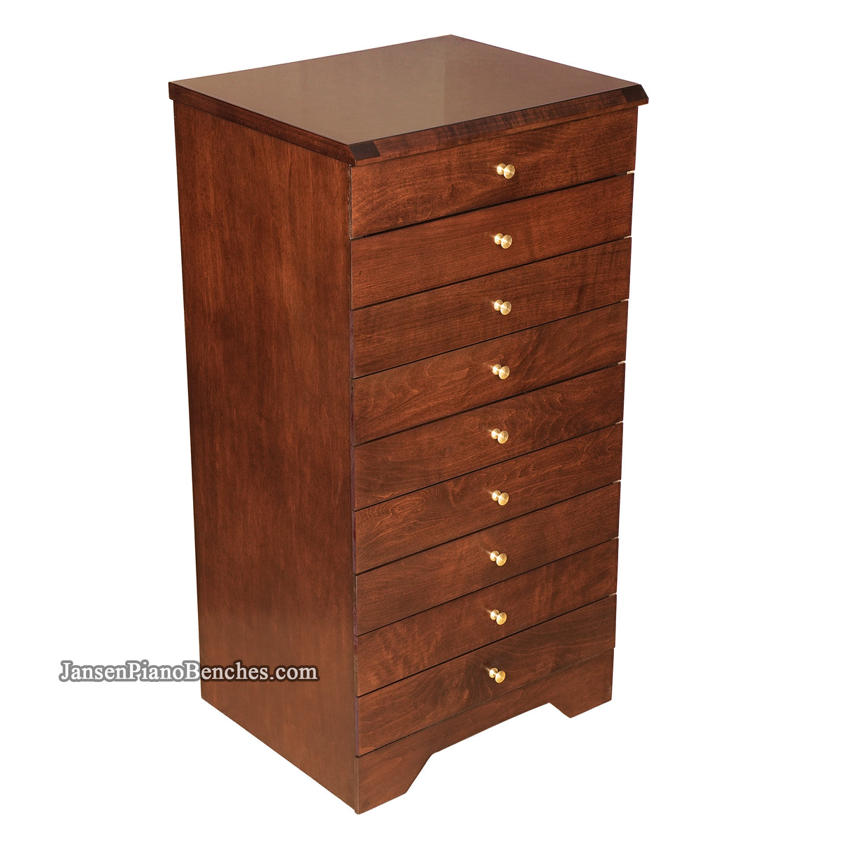Satin walnut Jansen sheet music cabinet with 9 drawers and brass handles