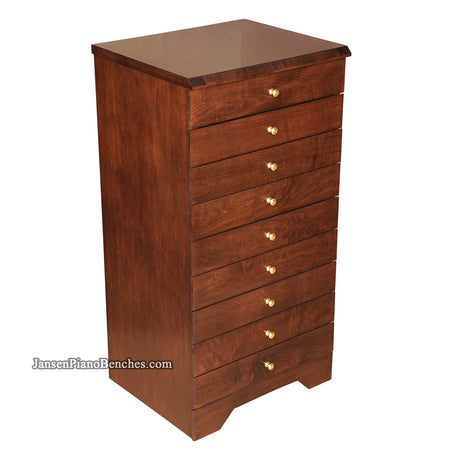 Satin walnut Jansen sheet music cabinet with 9 drawers and brass handles