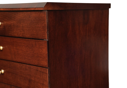 Close-up of maple wood grain finish on Jansen sheet music cabinet in mahogany stain
