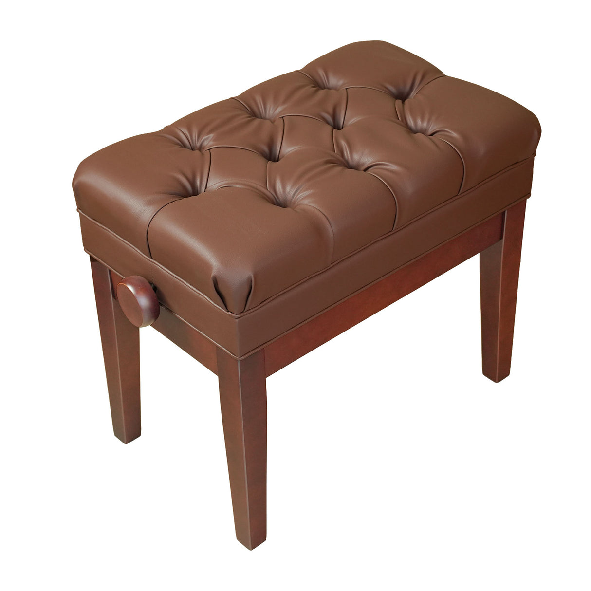 Satin walnut adjustable piano bench with brown diamond-tufted vinyl cushion and sheet music storage compartment