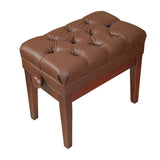 Satin walnut adjustable piano bench with brown diamond-tufted vinyl cushion and sheet music storage compartment