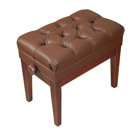Satin walnut adjustable piano bench with brown diamond-tufted vinyl cushion and sheet music storage compartment