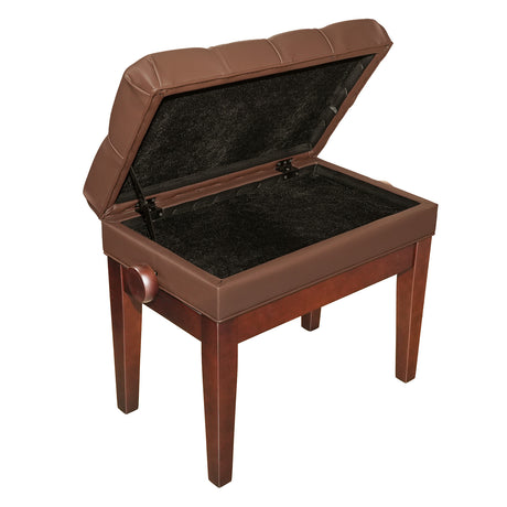 Walnut adjustable piano bench with open music storage compartment and brown tufted vinyl cushion