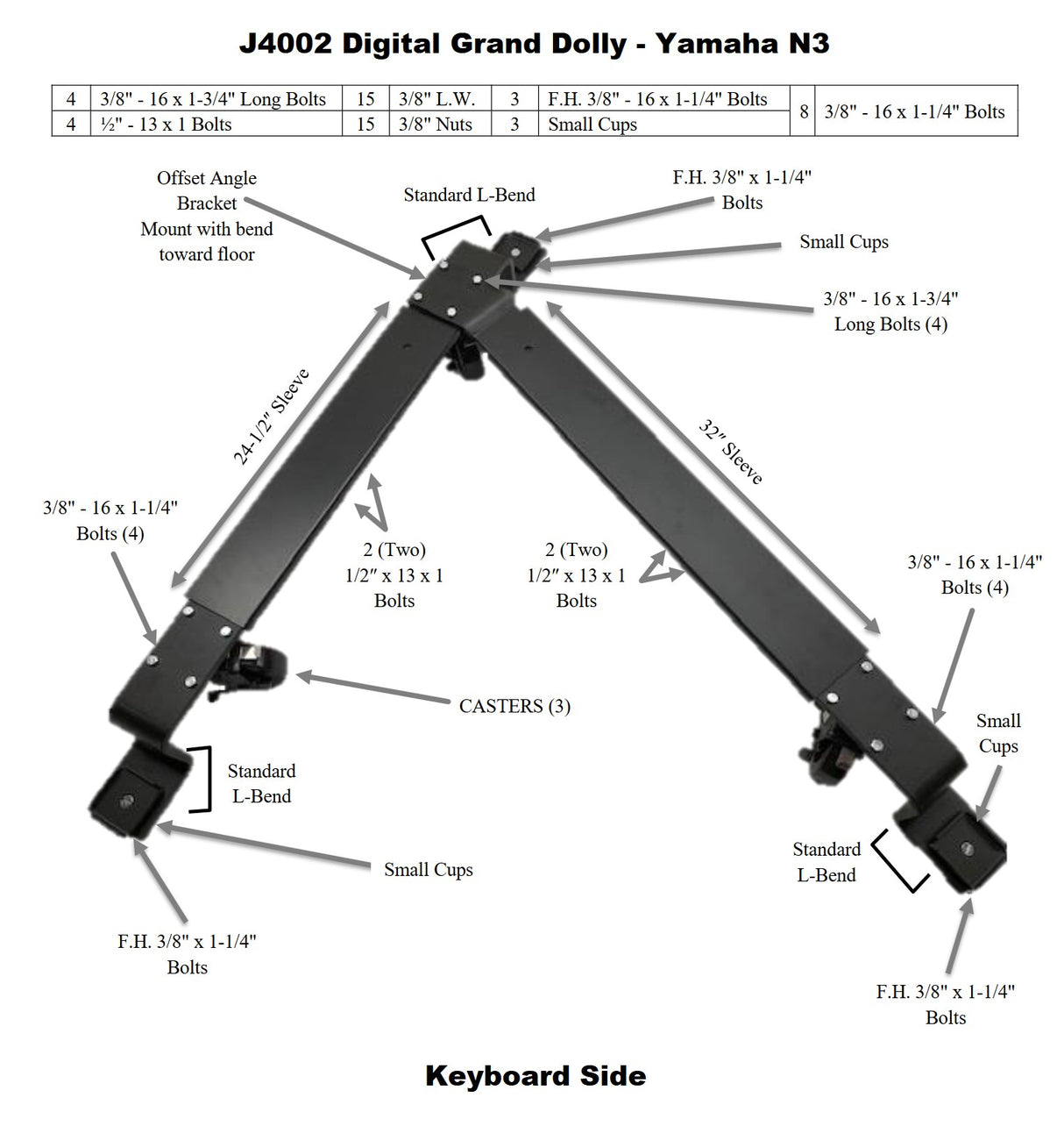 Jansen J4002 Yamaha N3 dolly assembly diagram showing arm lengths, brackets, and hardware