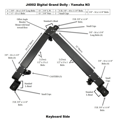 Jansen J4002 Yamaha N3 dolly assembly diagram showing arm lengths, brackets, and hardware