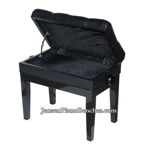 black piano bench sheet music storage compartment