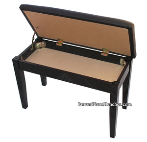 black upright piano bench with sheet music storage compartment