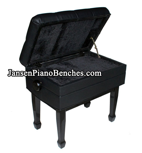black piano bench with music storage
