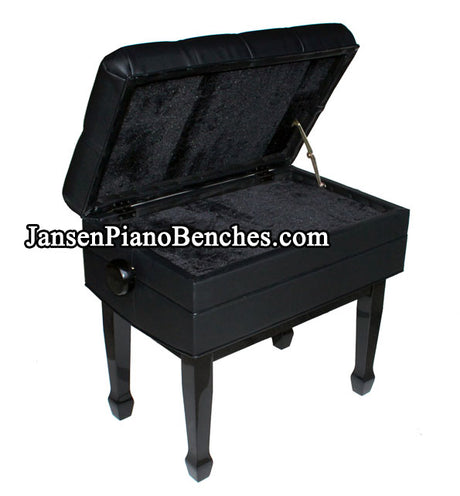 black piano bench with music storage