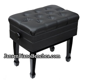 black adjustable piano bench with sheet music storage compartment