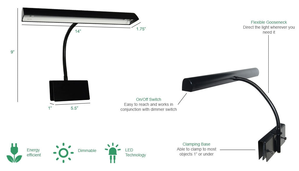 Cocoweb Black Gooseneck LED Grand Piano Lamp 14" Shade GPLED14-7D
