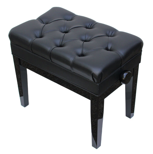 black adjustable piano bench with music storage