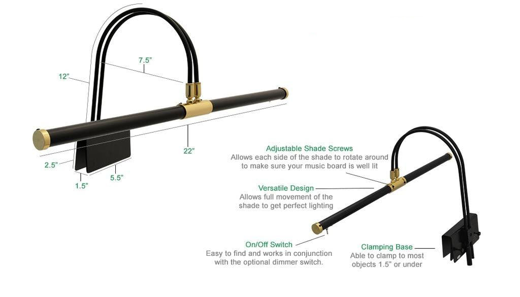 22" LED Grand Piano Lamp - Black with Brass Accents GPLED22